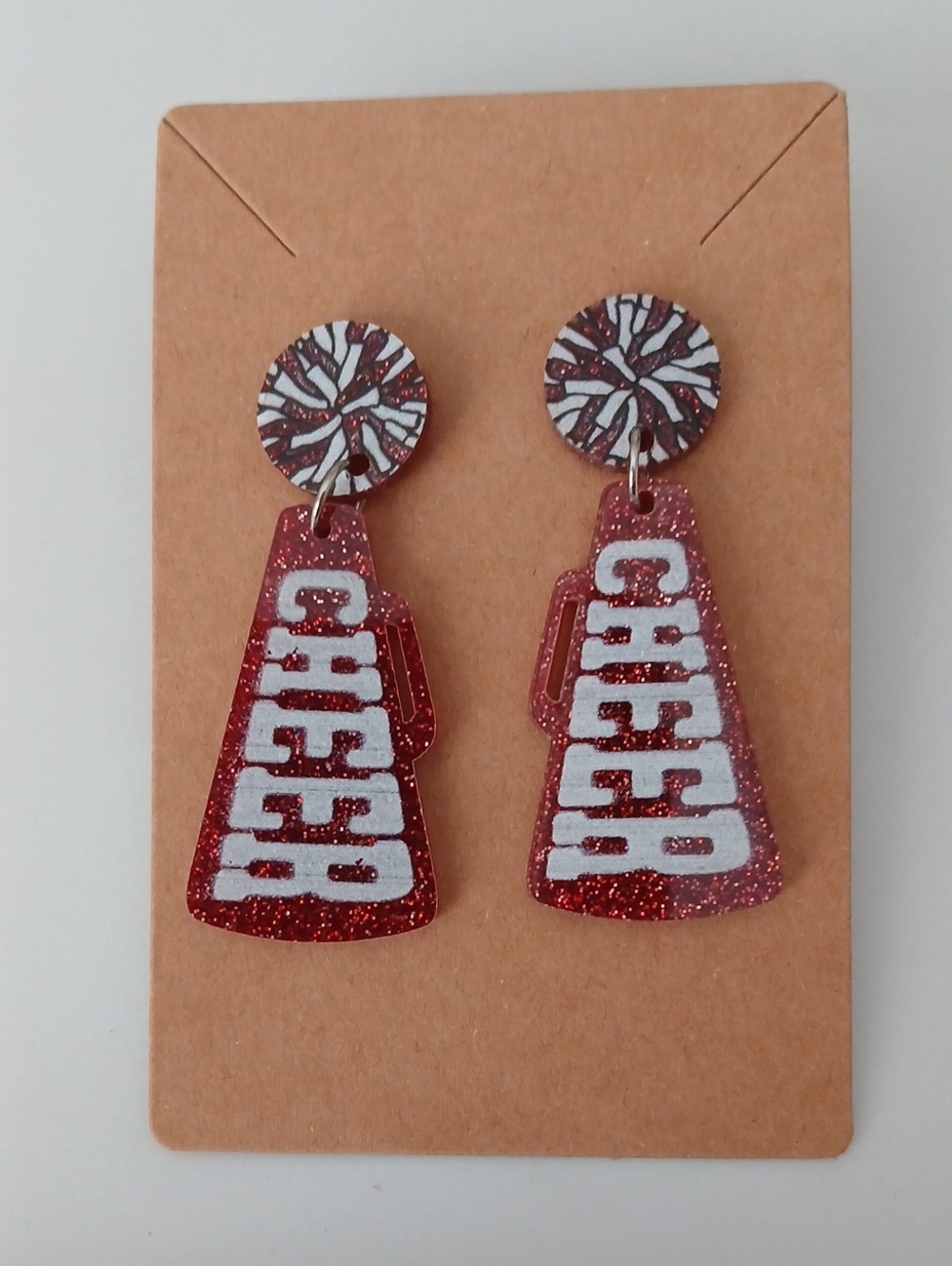Fashion Jewelry Red Glitter 'CHEER' Megaphone Drop Earrings